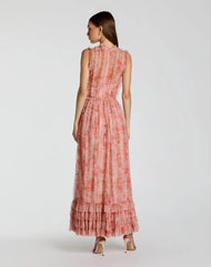 Pink Sleeveless Tiered Ruffle Floral Maxi Dress