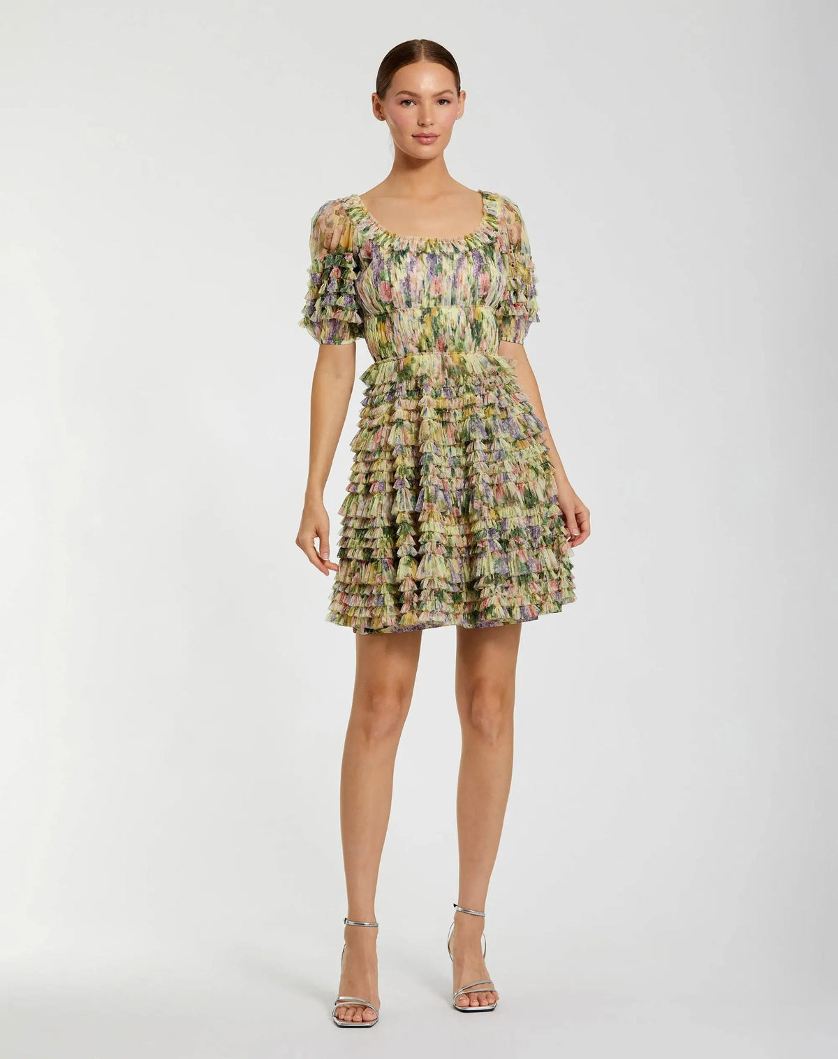 Multicolor Floral Puff Sleeve Ruffle Mini Dress