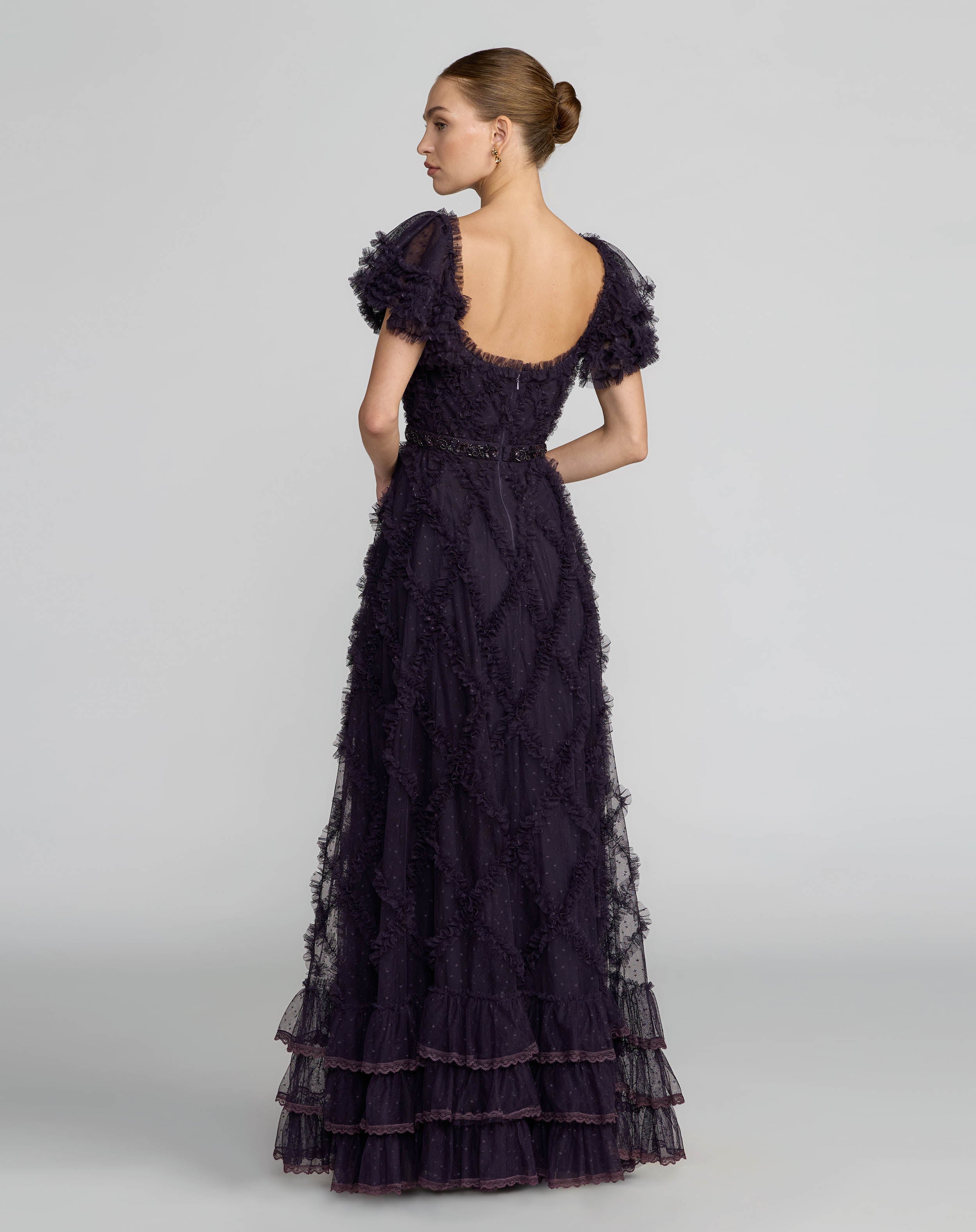 Navy Tiered Ruffle Puff Sleeve Gown