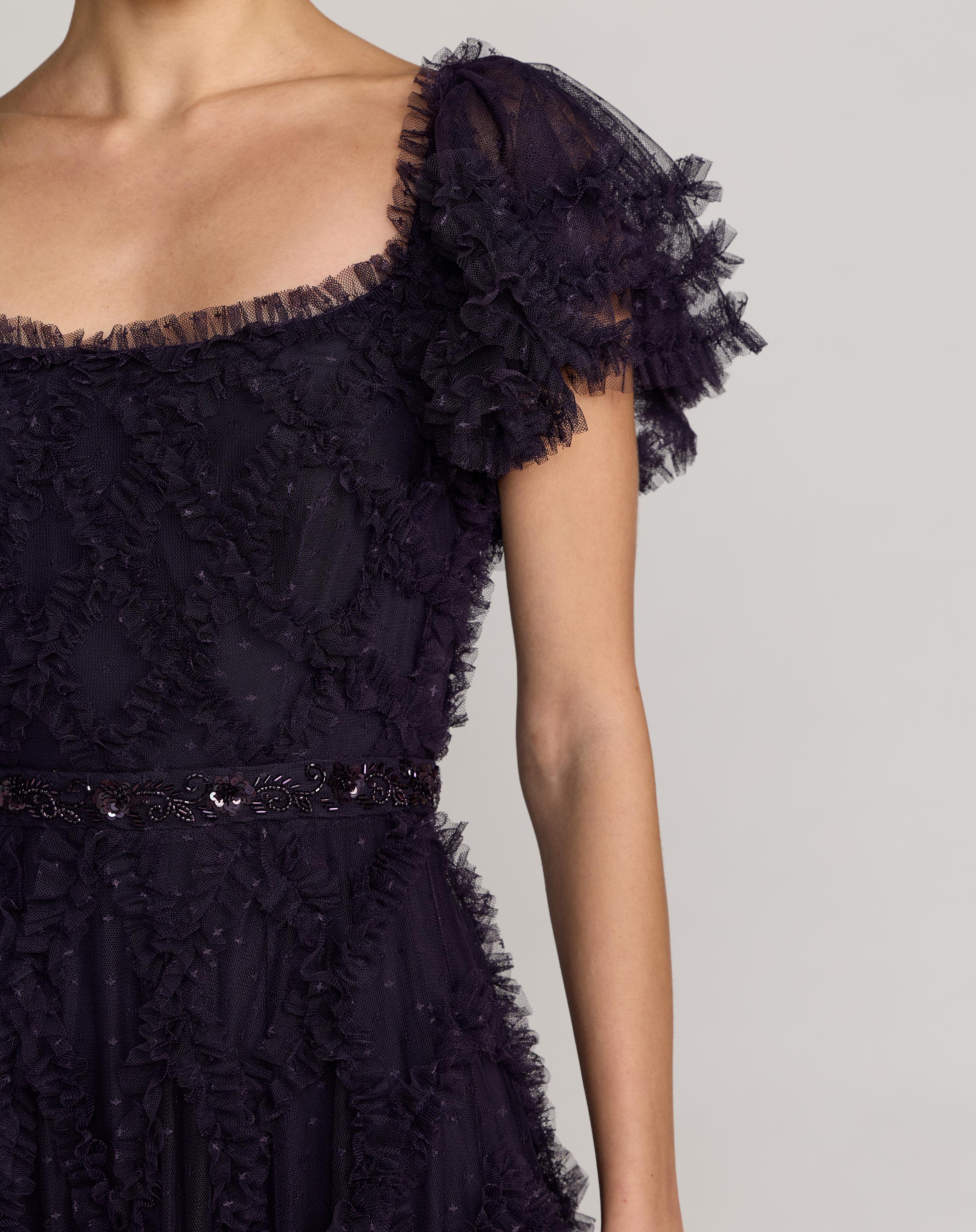 Navy Tiered Ruffle Puff Sleeve Gown