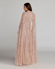 Pink Embellished High Neck Gown With Cape Sleeves