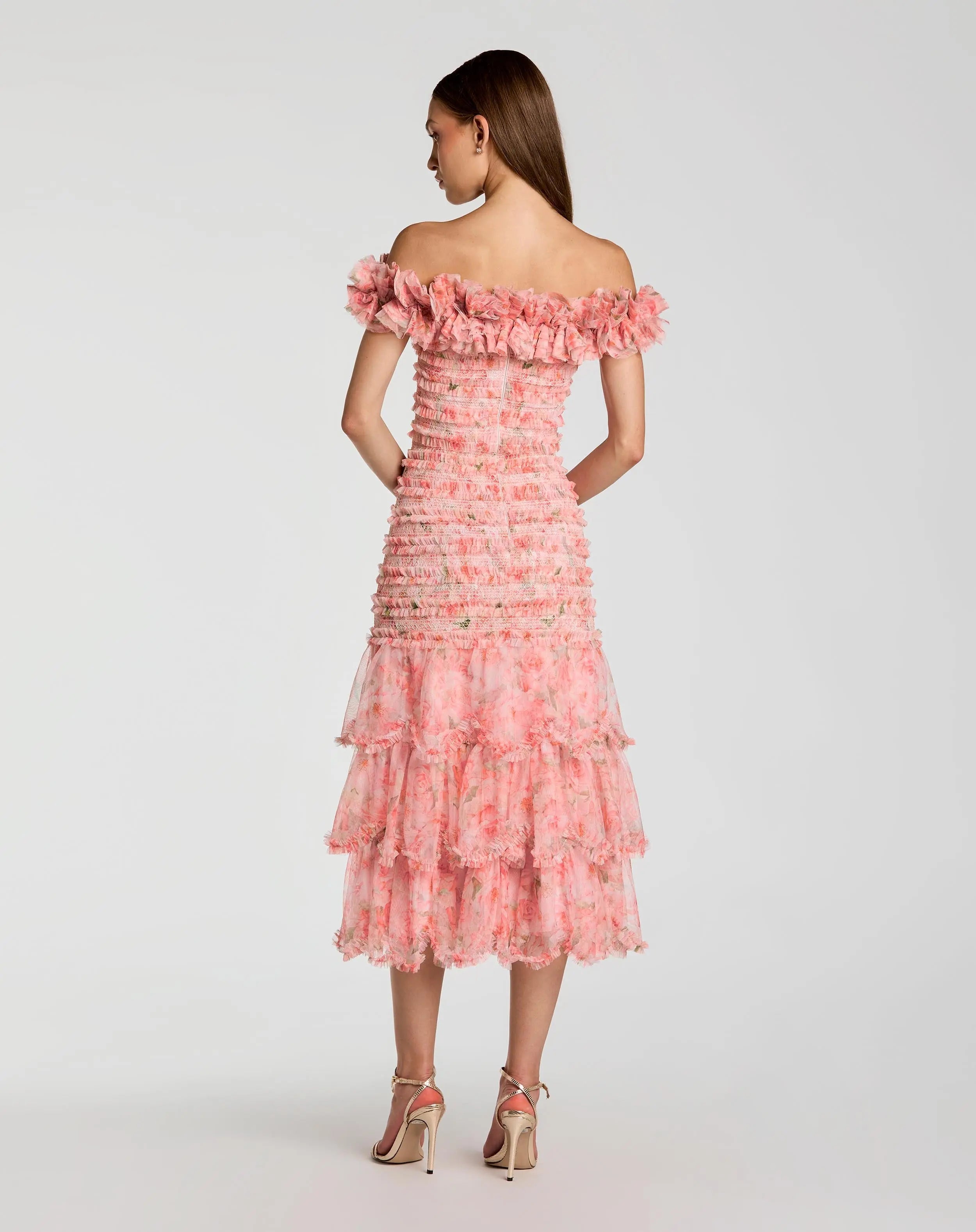 Pink Floral Off The Shoulder Ruffle Midi Dress