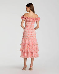 Pink Floral Off The Shoulder Ruffle Midi Dress