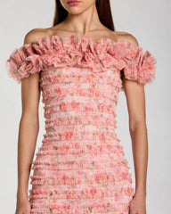 Pink Floral Off The Shoulder Ruffle Midi Dress
