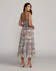Multicolor Floral Ruffle A-Line Cotton Midi Dress