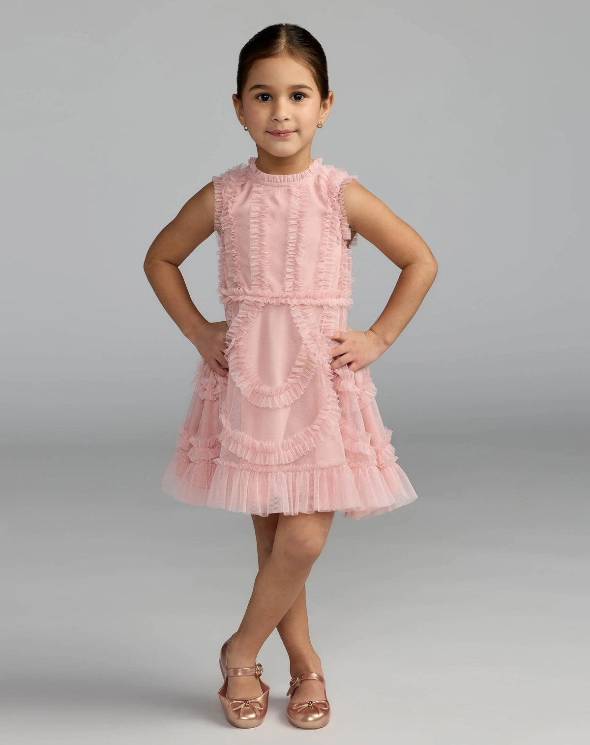 Girls Pink High Neck Sleeveless Micro Ruffle Mini Dress