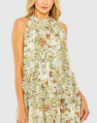 Ivory Sleeveless High Neck Ruffle Floral Dress