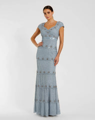 Blue Sequin Cap Sleeve Sweetheart Column Gown