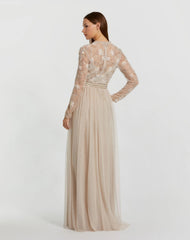 Beige Embellished Illusion High Neck Long Sleeve Gown