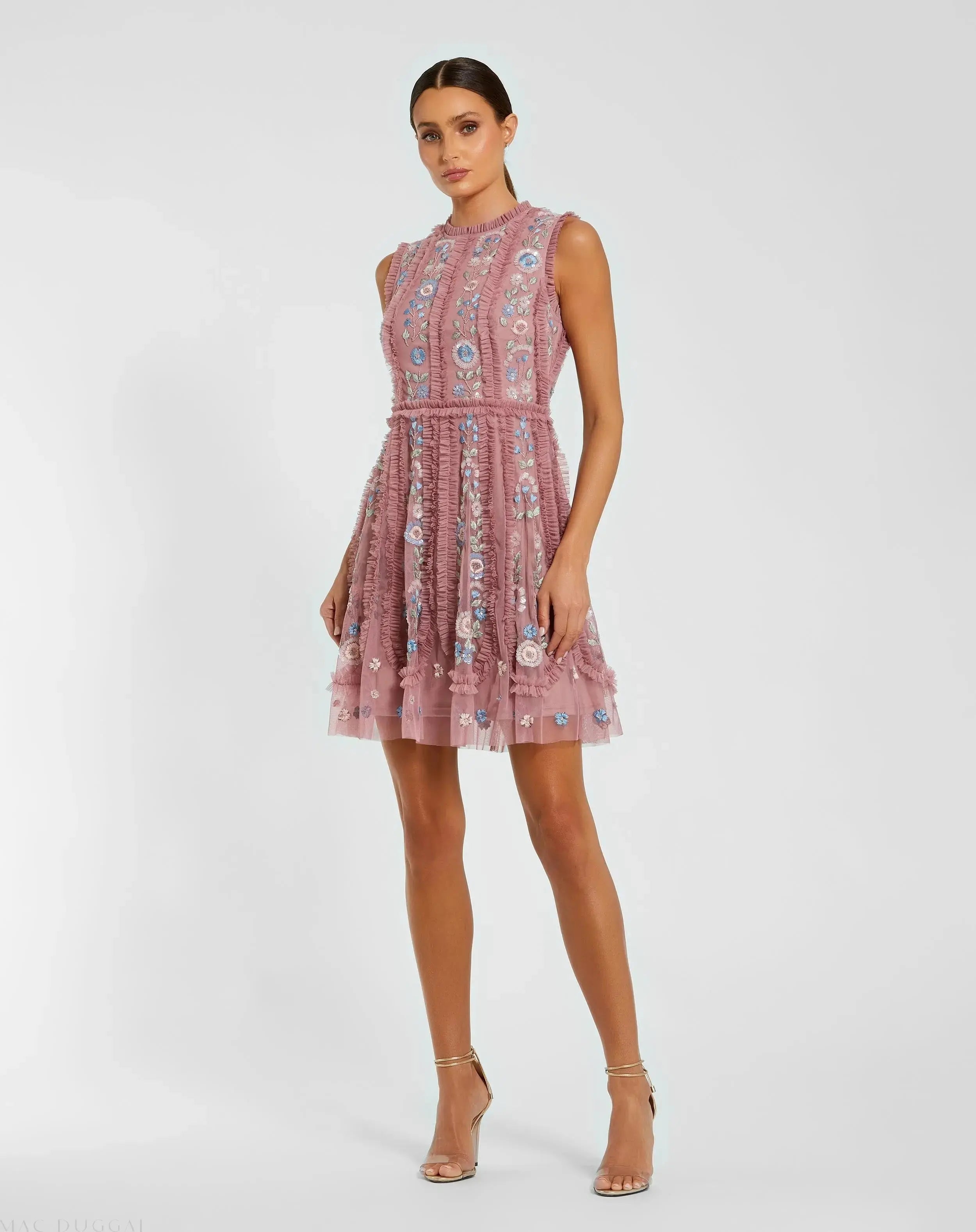 Sleeveless High Neck Embroidered Mini Dress
