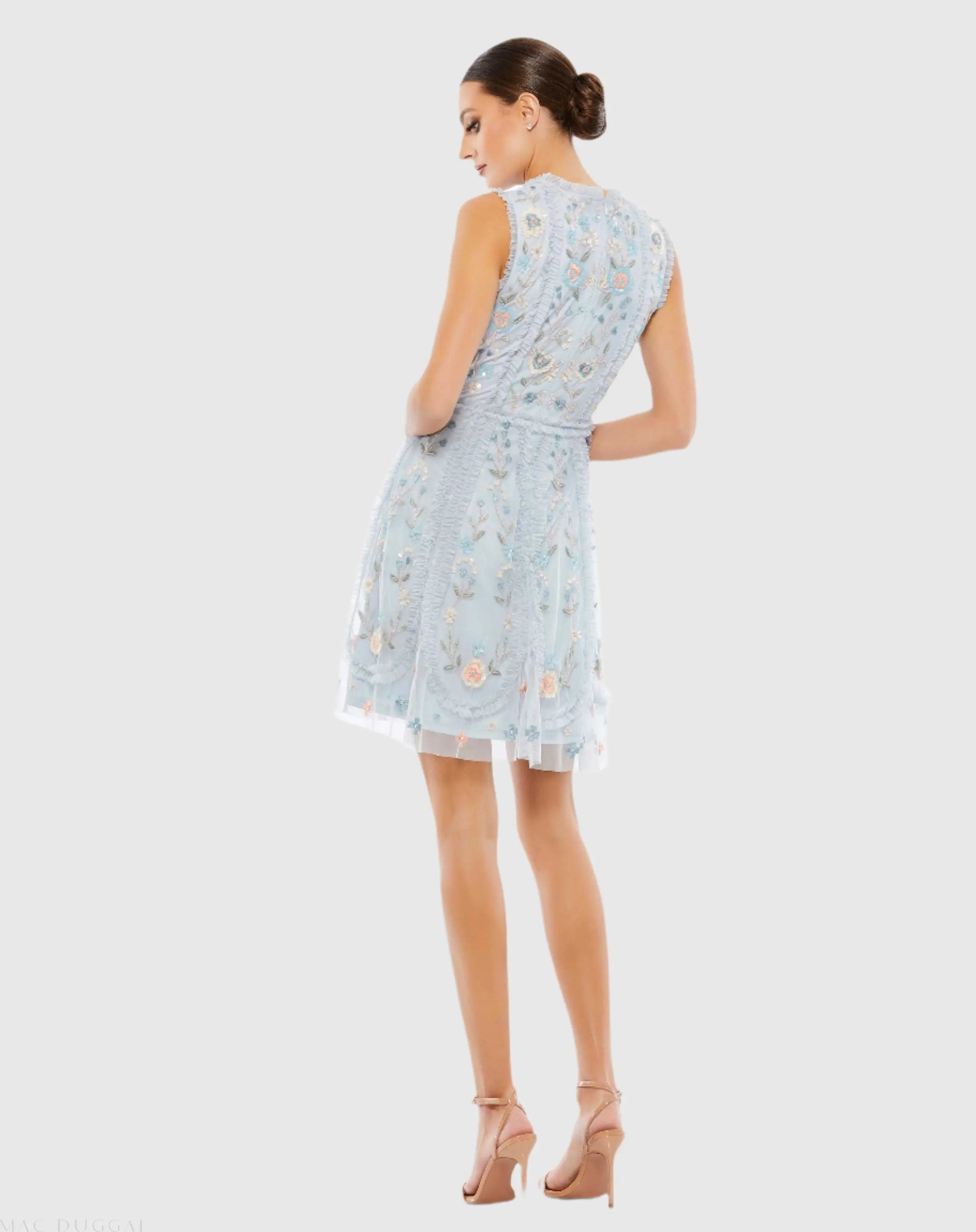 Blue Sleeveless High Neck Embroidered Mini Dress