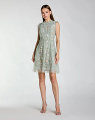Green Sleeveless High Neck Embroidered Mini Dress