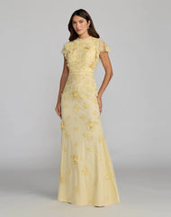 Floral Embellished High Neck Flutter Sleeve Gown