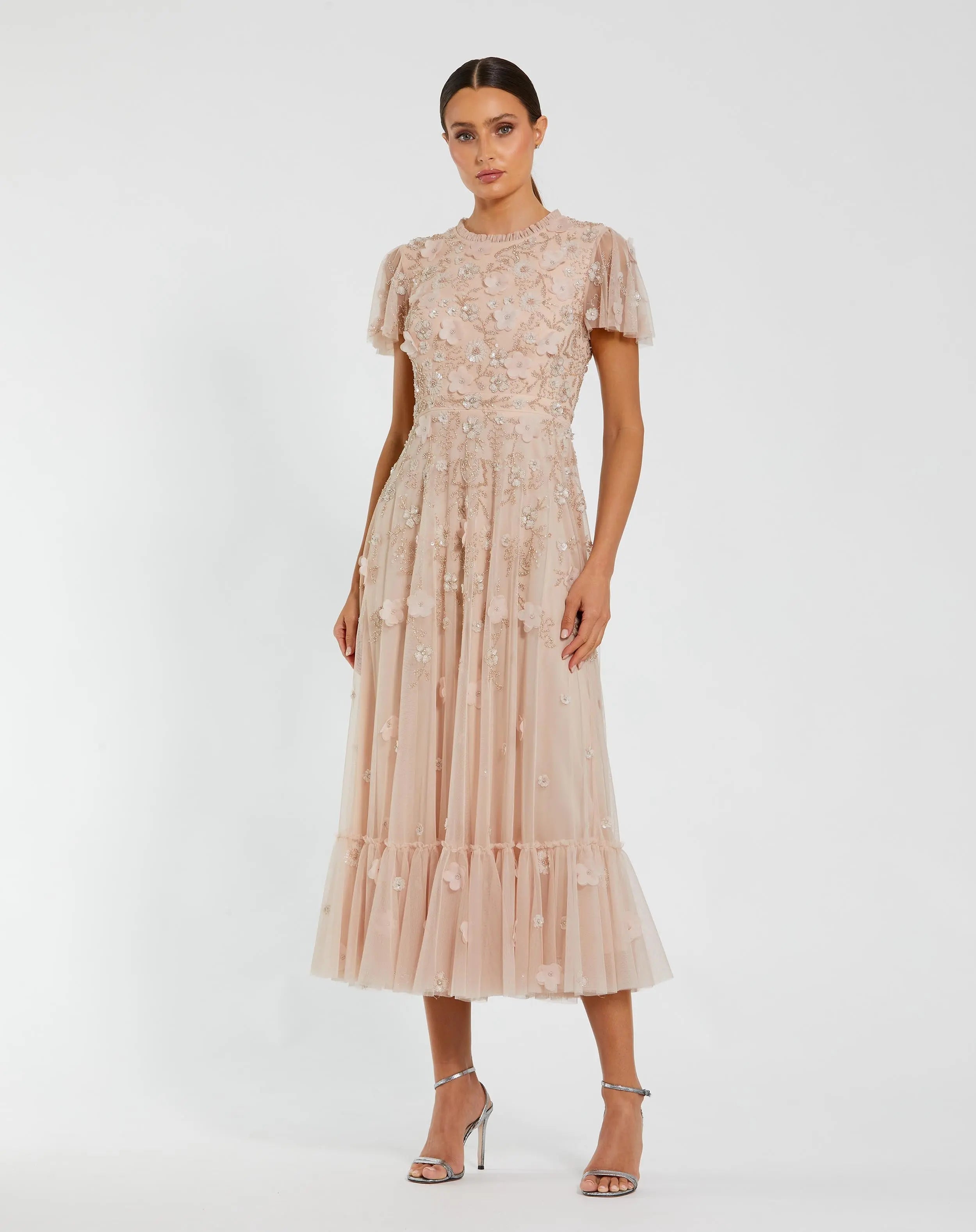 Embellished High Neck Cap Sleeve A Line Dress
