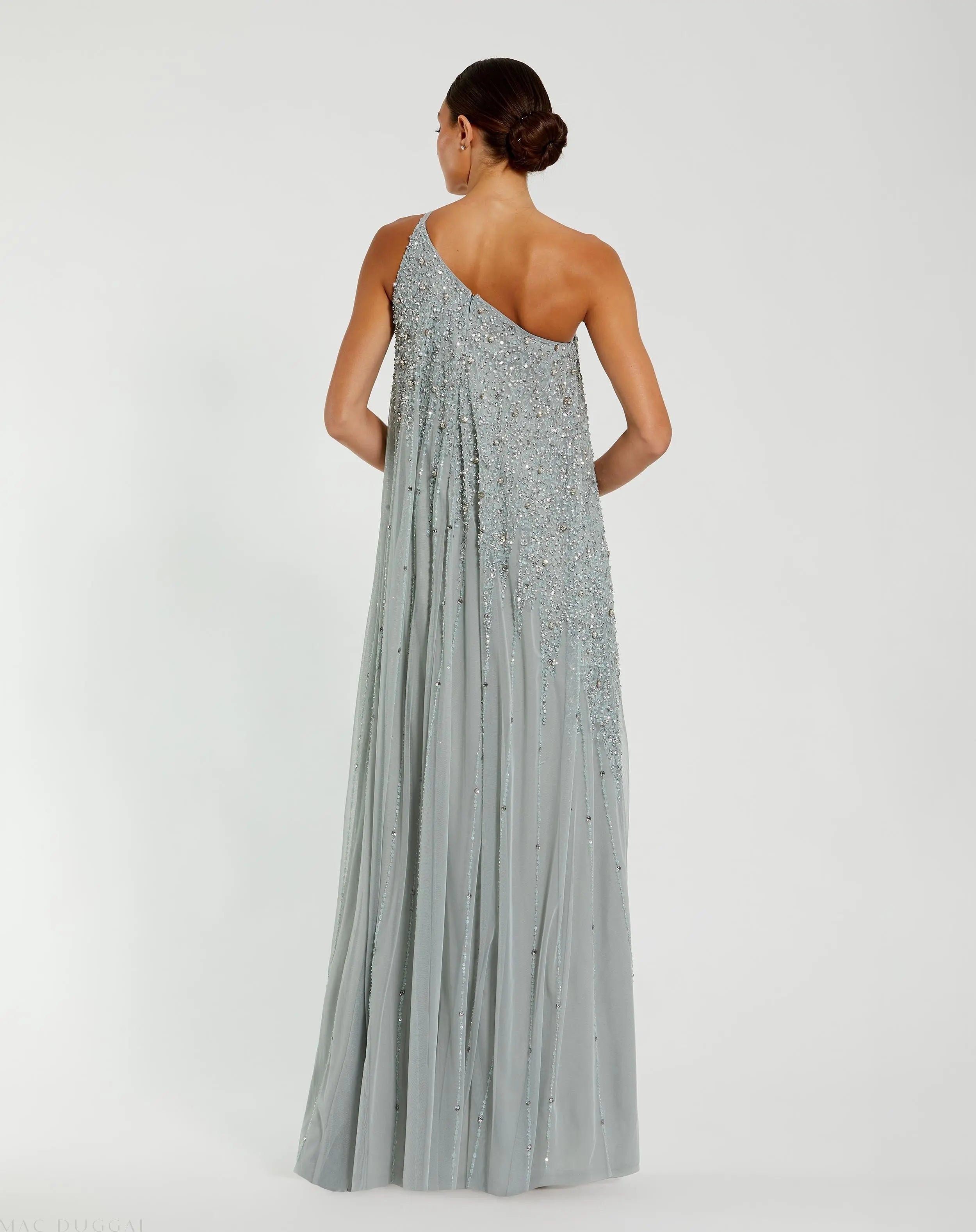 Green One Shoulder Embellished Trapeze A Line Gown
