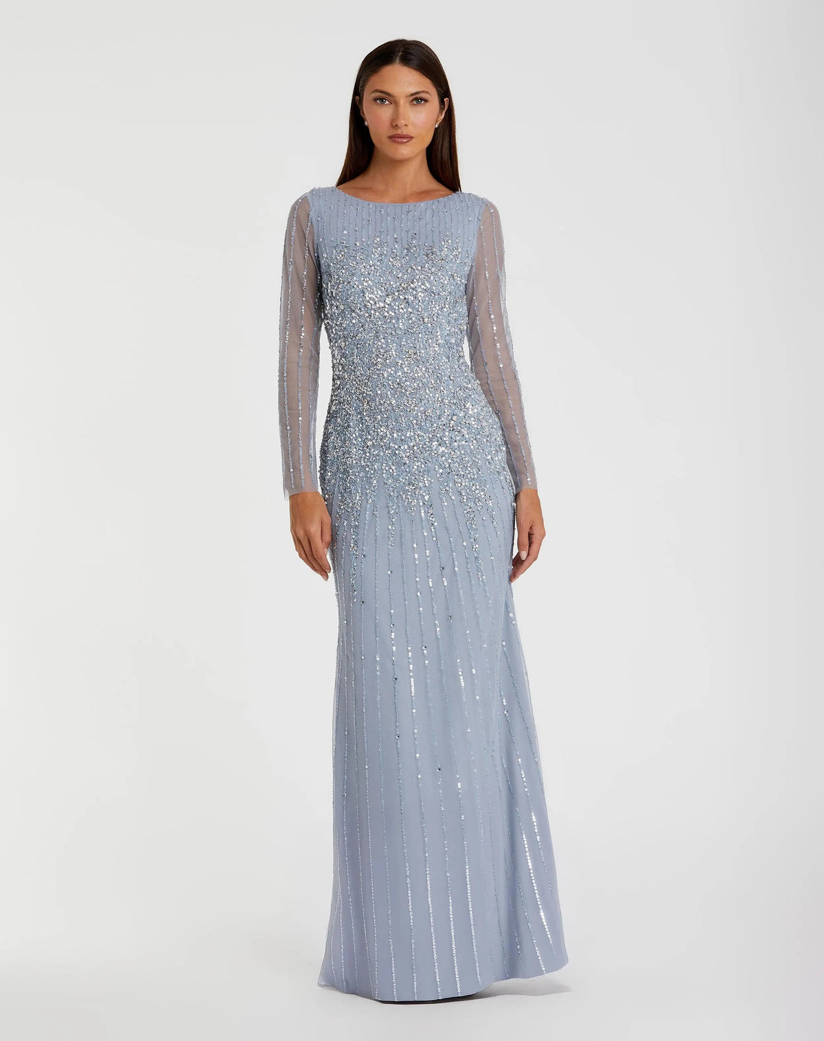 High Neck Sequin Embellished Long Sleeve A Line Gown