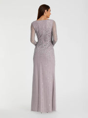 Purple Boat Neck Sequin Embellished Long Sleeve A Line Gown
