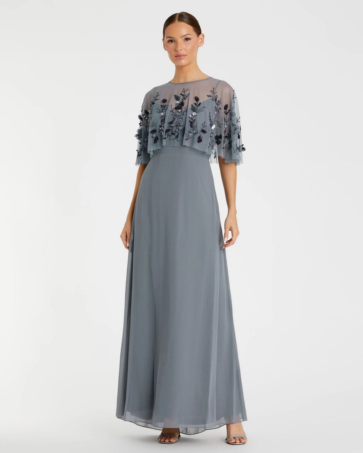 Gray Sleeveless Gown With Embellished Cape - FINAL SALE
