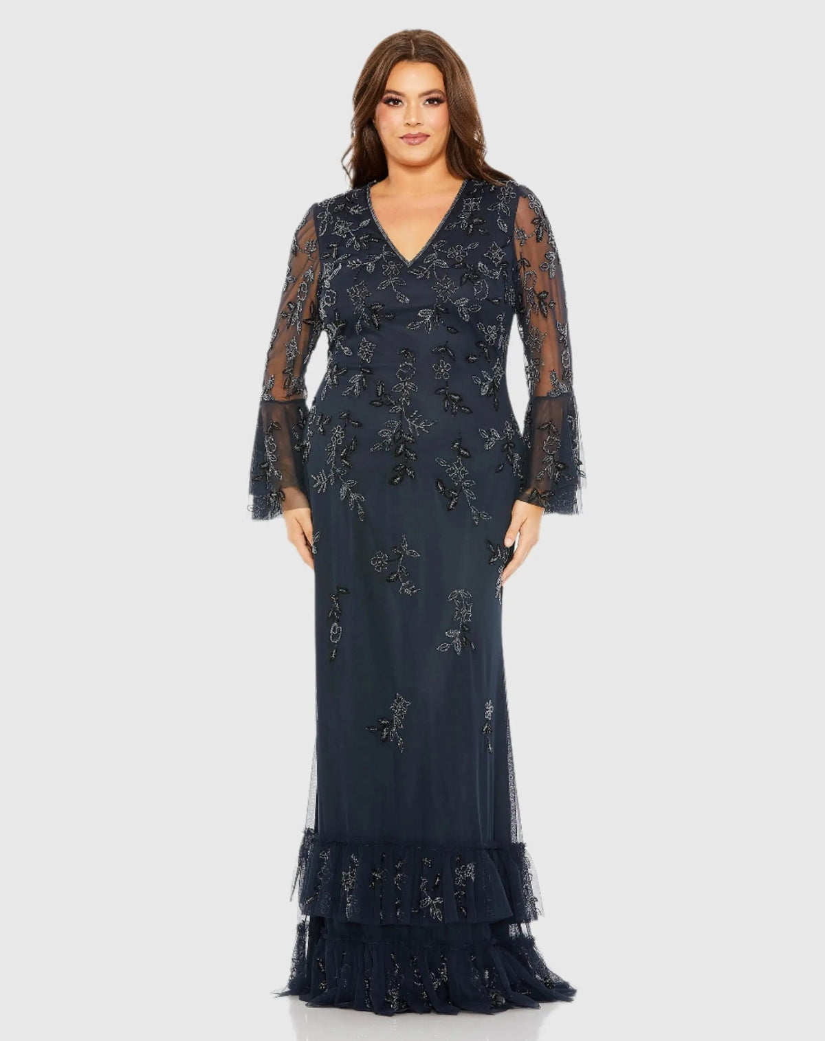 Navy V-neck Embellished Long Sleeve Gown - FINAL SALE