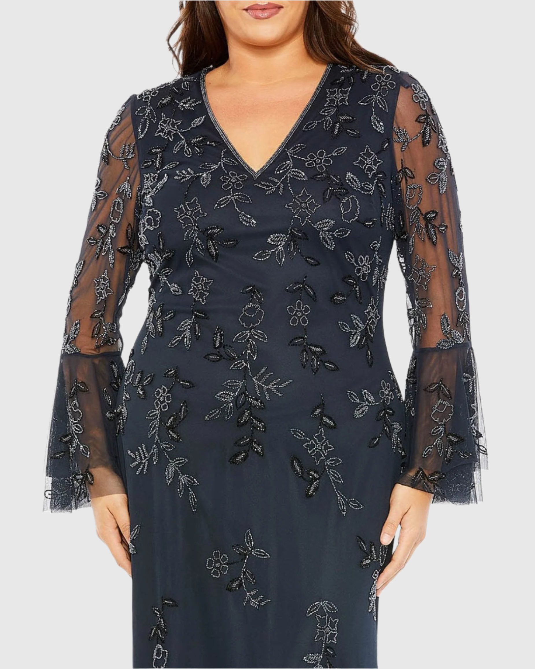 Navy V-neck Embellished Long Sleeve Gown - FINAL SALE