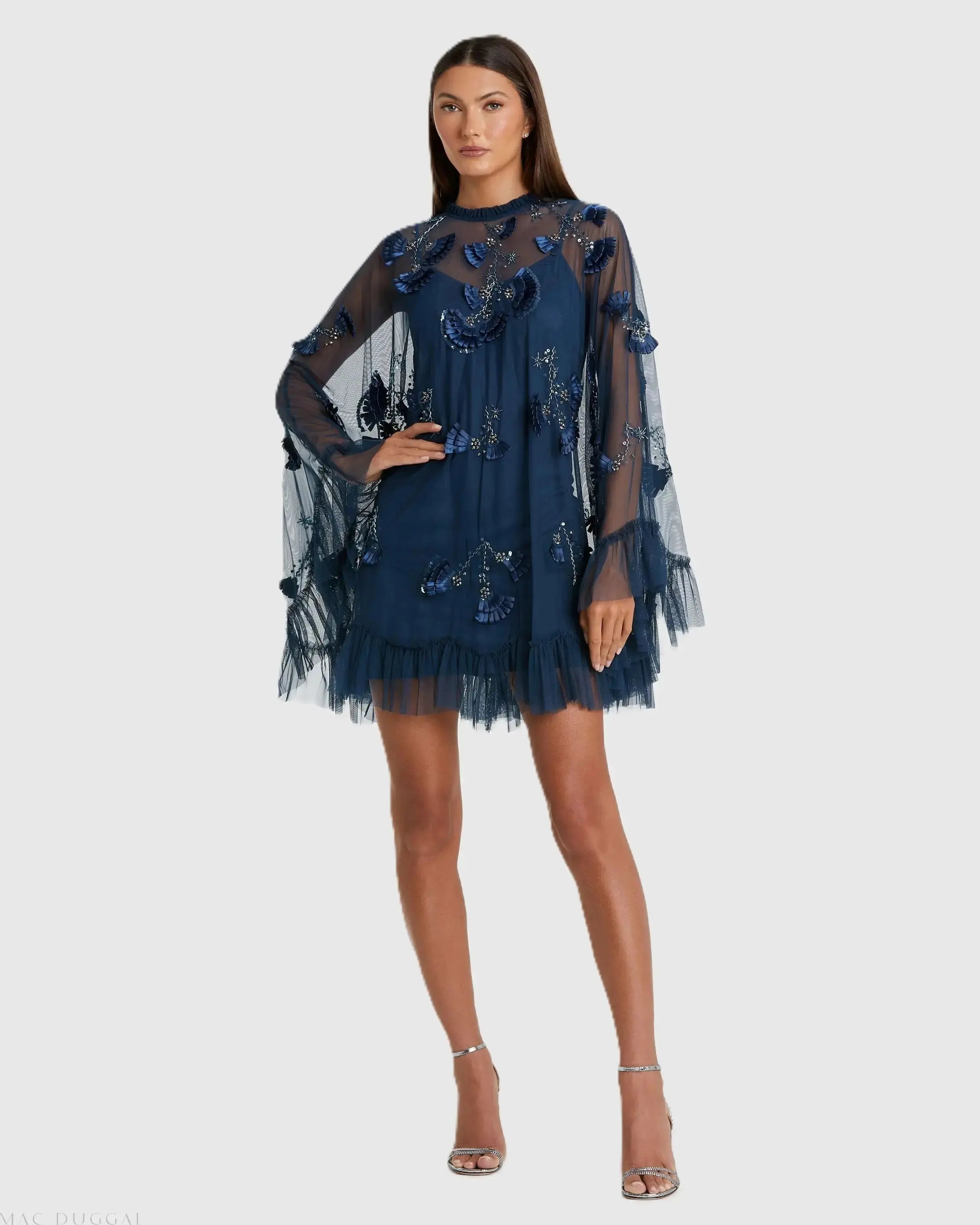 Embellished Long Flare Sleeve Mesh A-Line Dress