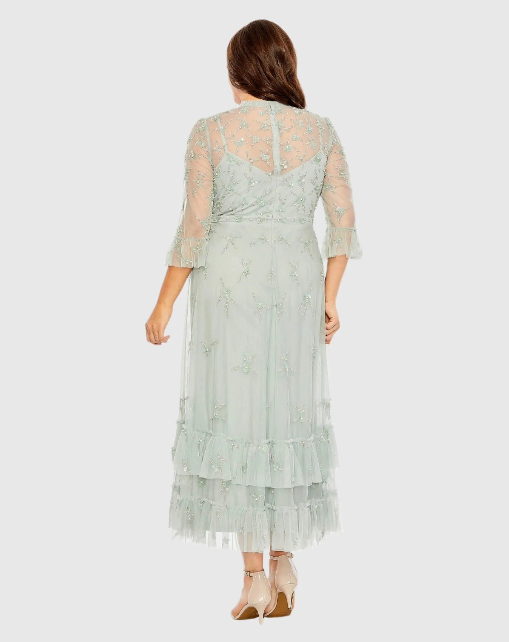 Embellished High Neck Sage Green Dress (Plus)
