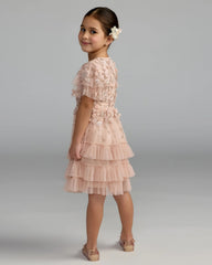 Girls Pink Embellished Flutter Sleeve Ruffle Dress