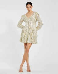 White and Gold Long Sleeve Ruffle Mini Dress