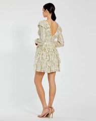 White and Gold Long Sleeve Ruffle Mini Dress