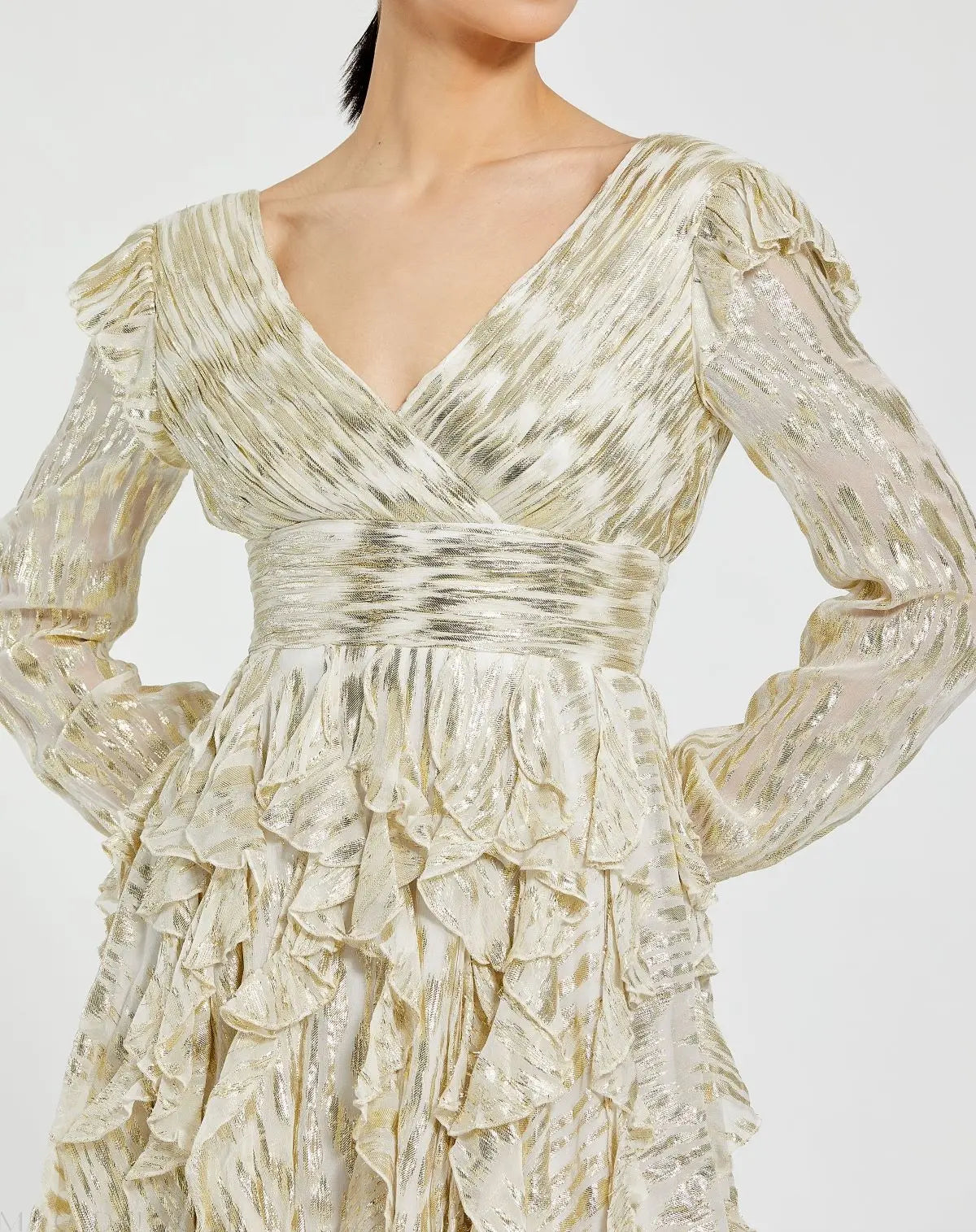White and Gold Long Sleeve Ruffle Mini Dress