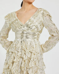 White and Gold Long Sleeve Ruffle Mini Dress