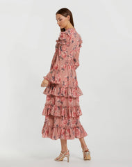 Pink Long Sleeve Lace Up Front Tiered Ruffle Dress