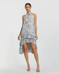 High Neck Keyhole A-Line Floral Ruffle Mini Dress