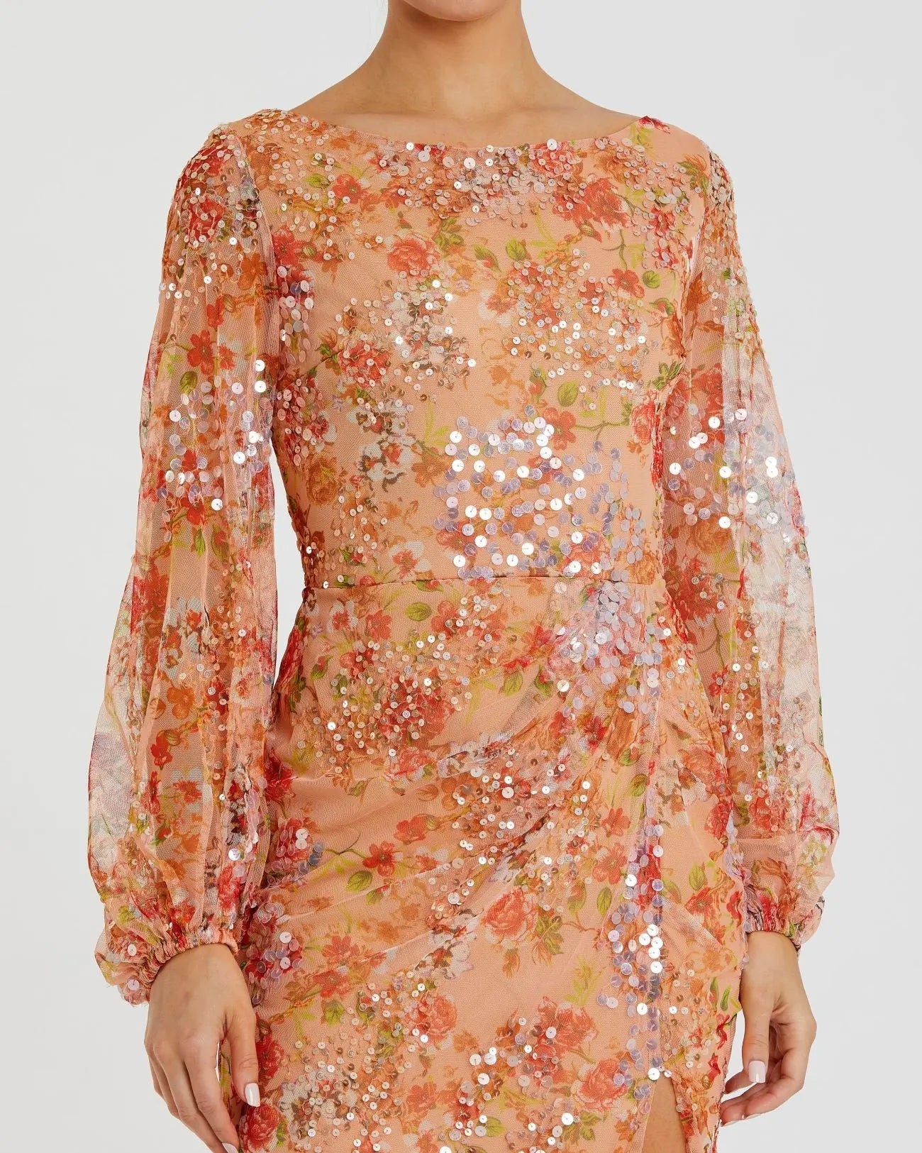 Orange Floral Print Sequined Puff Sleeve Gown - FINAL SALE