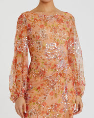 Orange Floral Print Sequined Puff Sleeve Gown - FINAL SALE