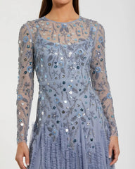Blue Embellished Long Sleeve Drop Waist Gown