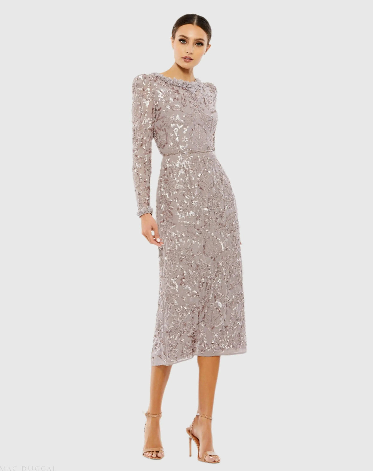 Light Purple Embellished High Neck Puff Sleeve Midi Sheath Dress