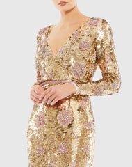 Gold Embellished Wrap Over Long Sleeve Column Gown