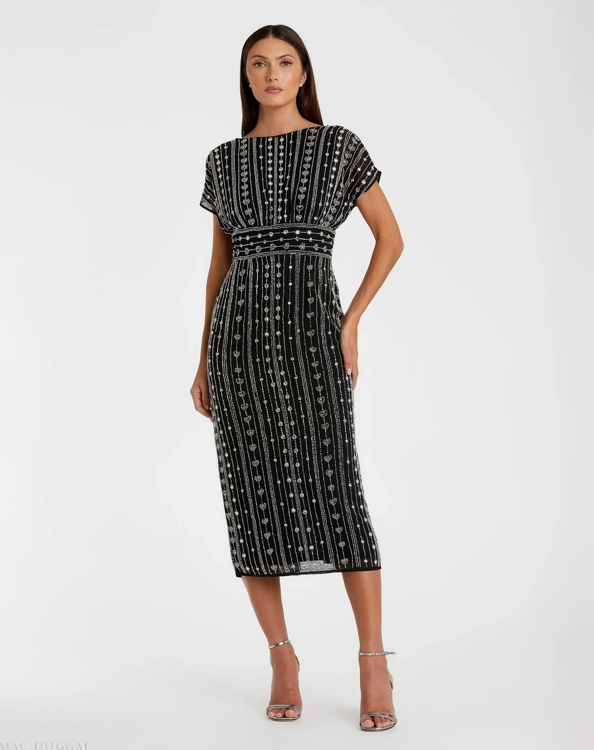 Black Beaded Cap Sleeve Empire Waist Sheath Midi Dress