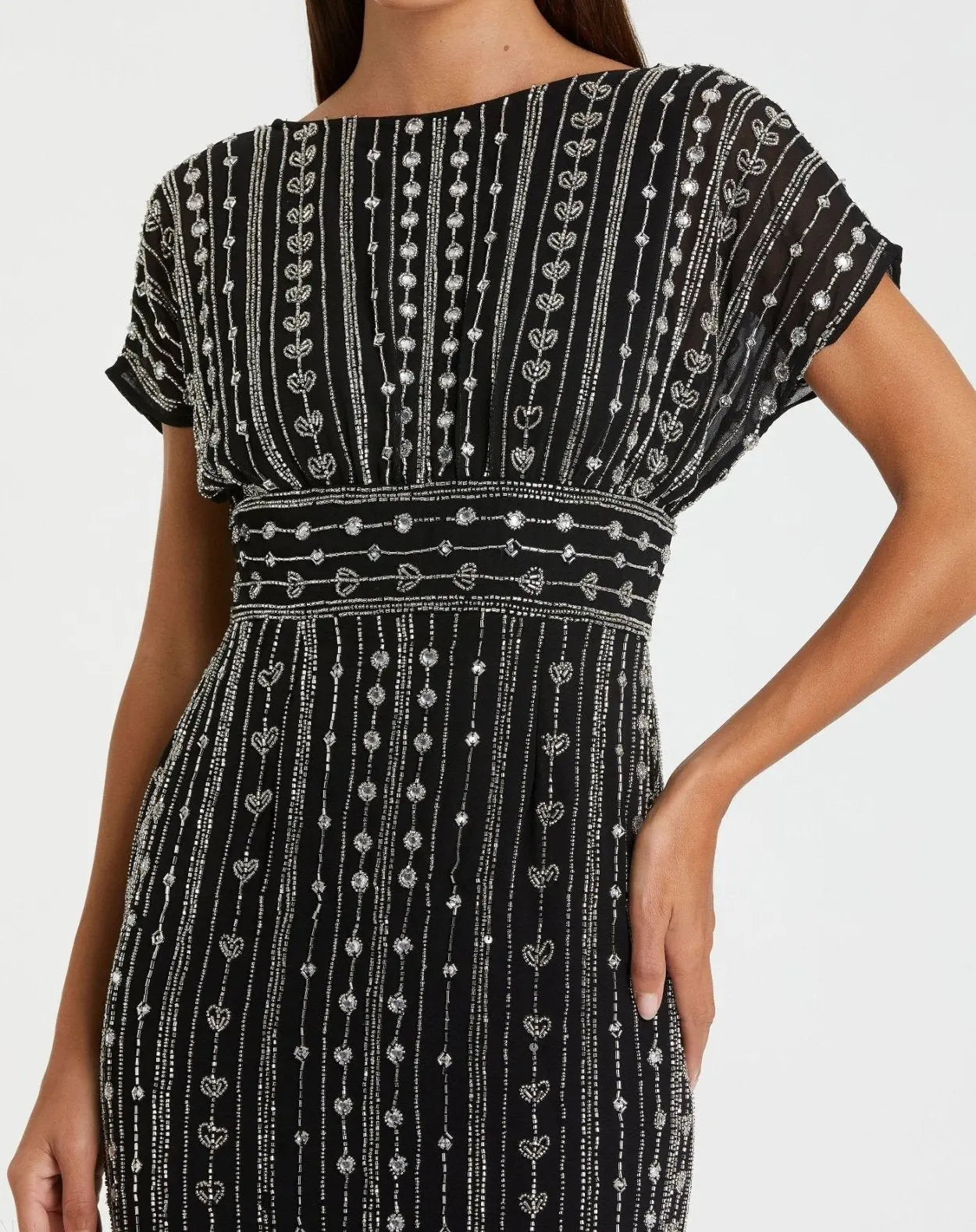 Black Beaded Cap Sleeve Empire Waist Sheath Midi Dress