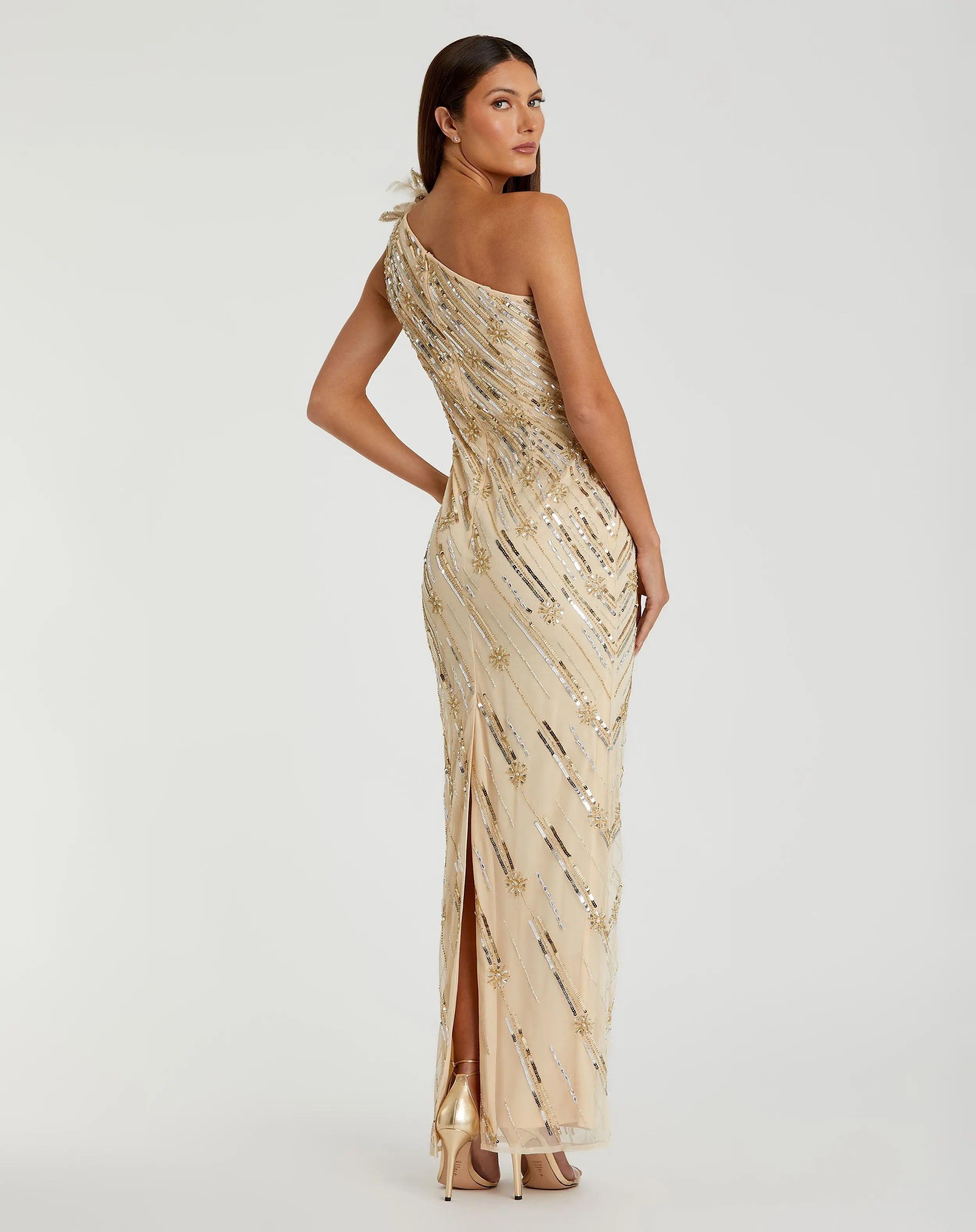 Gold Embellished Floral Detail One Shoulder Gown