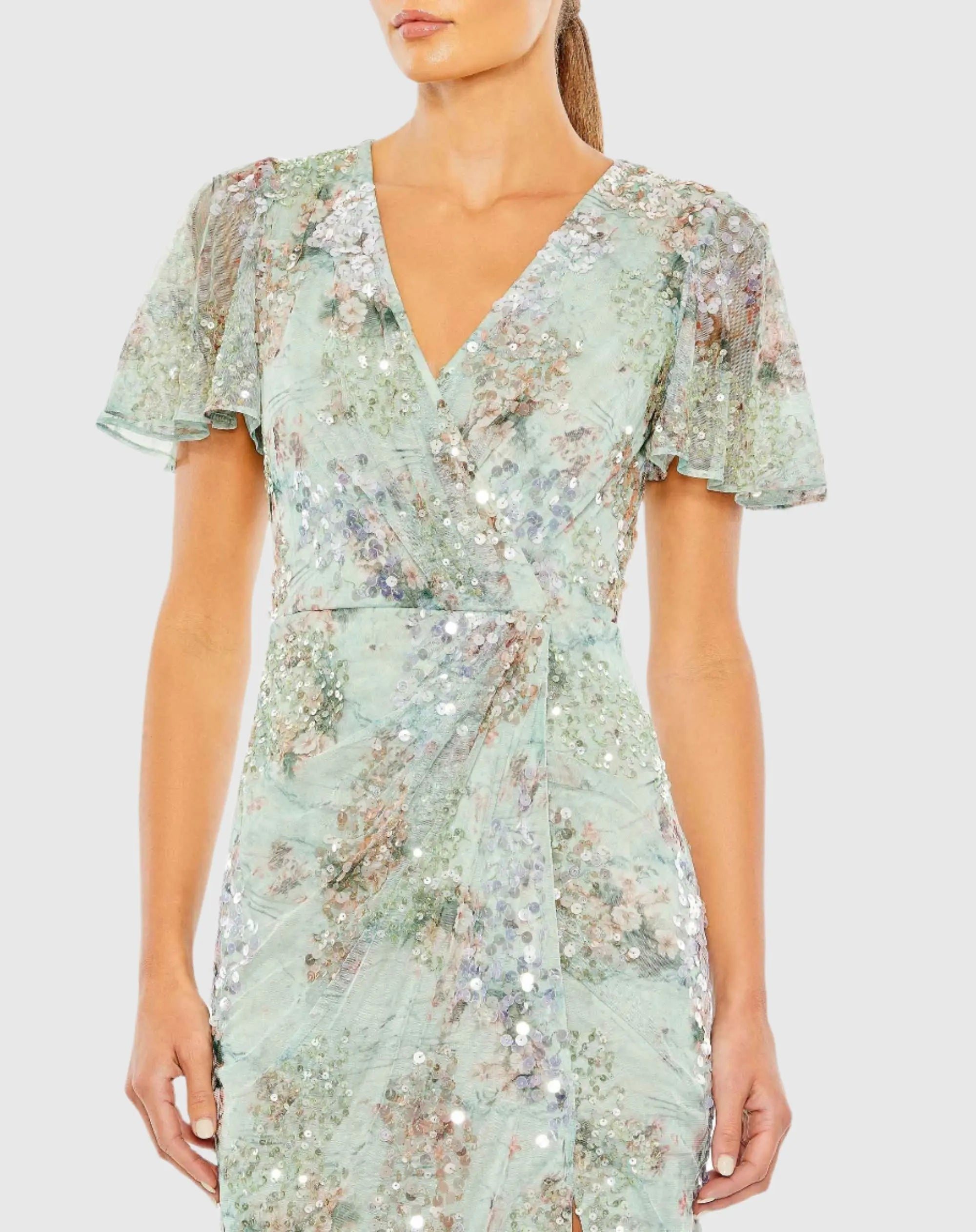 Green Flutter Sleeve Embellished Evening Gown