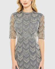 Gray Beaded Fringe Quarter Sleeve Column Gown
