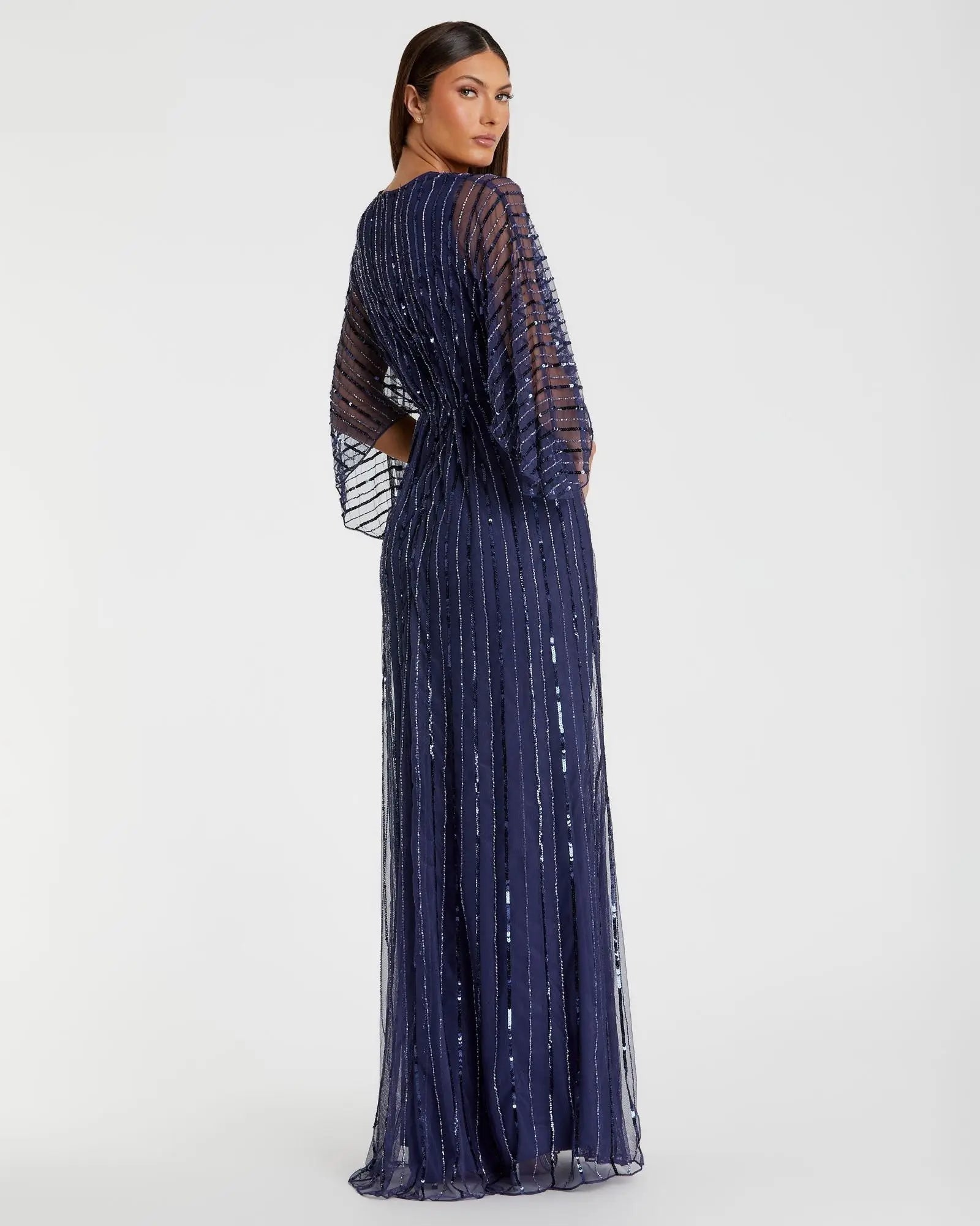 Navy Beaded Striping Kimono Sleeve V Neck Gown - FINAL SALE