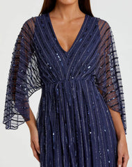 Navy Beaded Striping Kimono Sleeve V Neck Gown - FINAL SALE