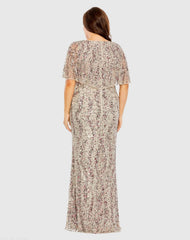 Beige High Neck Column Gown with Cape (Plus) - FINAL SALE