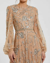 Beige Embellished High Neck Puff Sleeve Gown