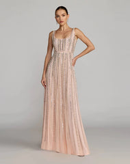 Scoop Neck A-Line Gown With Striped Beading
