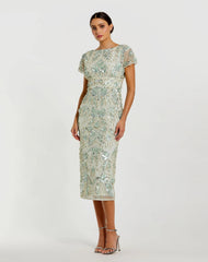 Green Embellished Cap Sleeve Midi Dress