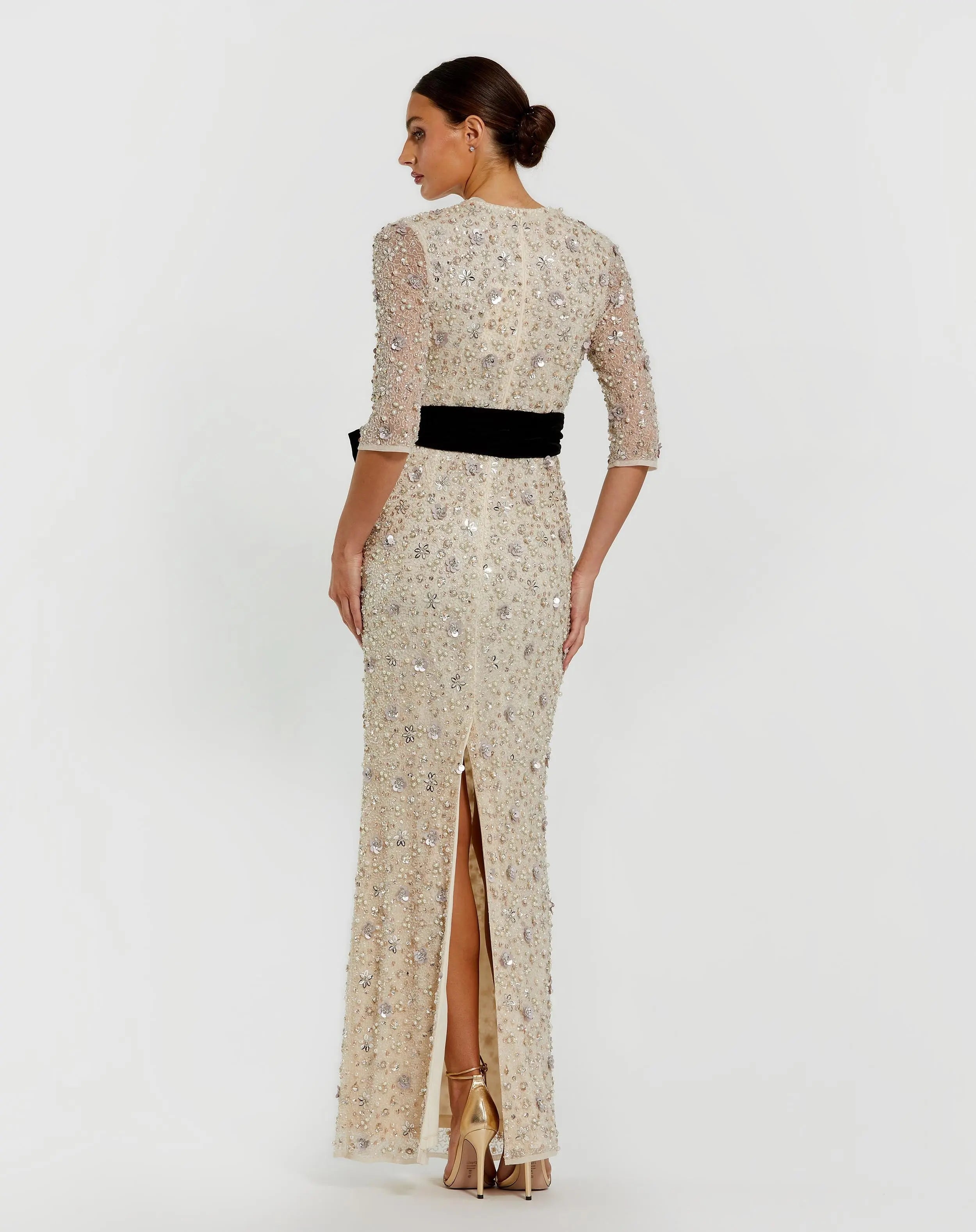 Ivory Embellished Evening Gown with Velvet Bow